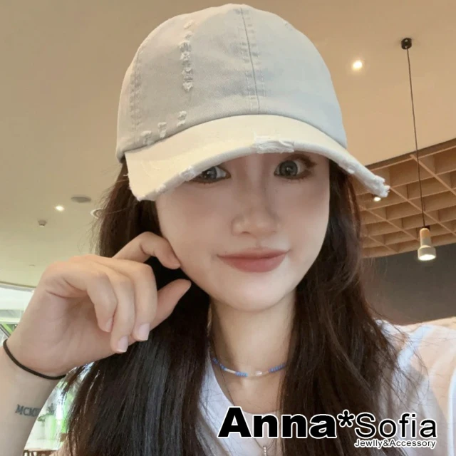 AnnaSofia 防曬遮陽運動老帽鴨舌帽街舞嘻哈潮帽棒球帽情侶帽-純色刷破純棉 現貨(杏系)