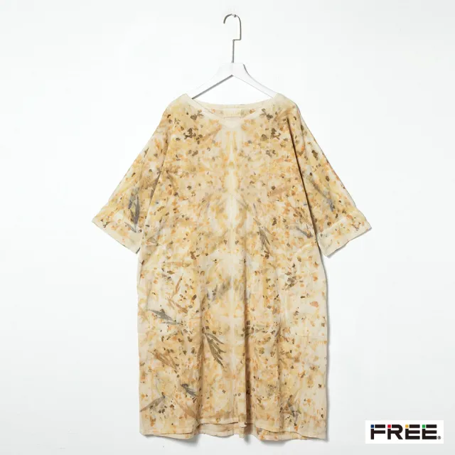 【FREE】free.草木移印染V領五分袖口袋洋裝(黃色)