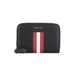 【BALLY】TIVY銀字金屬LOGO紅白條紋粒面紋牛皮拉鍊卡片零錢包(黑)