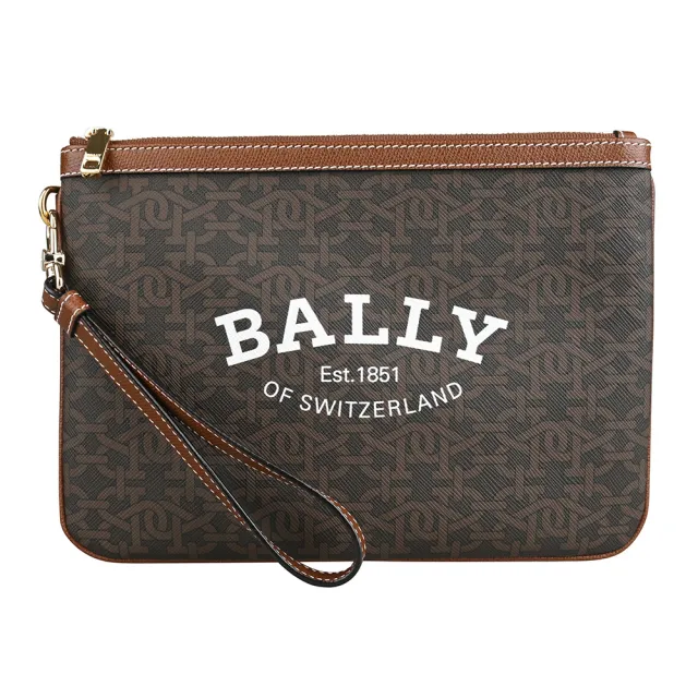 【BALLY】CERTHE白字LOGO品牌B字印花TPU材質牛皮滾邊拉鍊手拿包(棕)