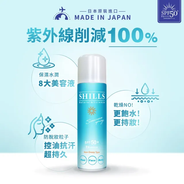 【SHILLS 舒兒絲】很耐曬超清爽零油感防曬冰鎮噴霧SPF50+ PA++++日本藍4入組(防曬噴霧/小明星大跟班推薦)