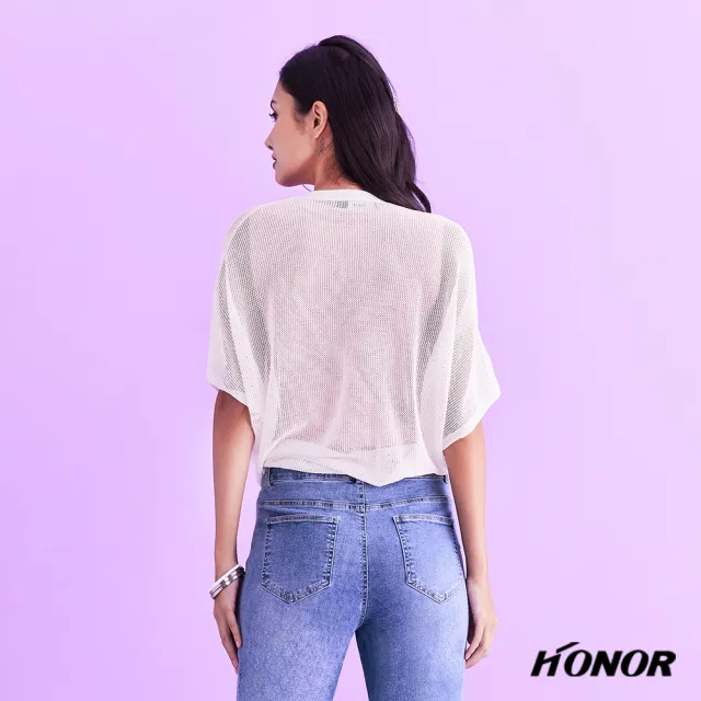 【HONOR 山形屋】網格透膚綁帶短版開襟罩衫-白/黑