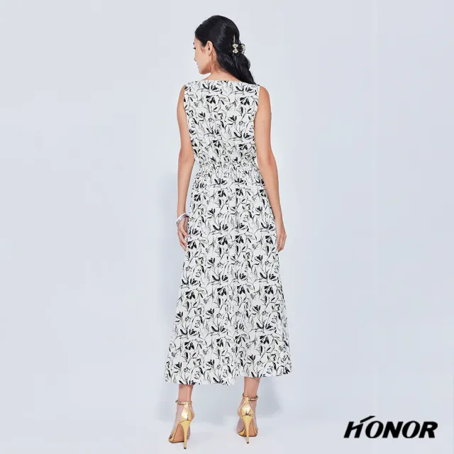 【HONOR 山形屋】葉子線條圖案無袖收腰洋裝