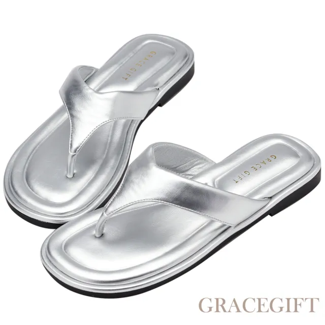 【Grace Gift】HEALER聯名-簡約澎澎柔軟人字夾腳平底拖鞋(銀)