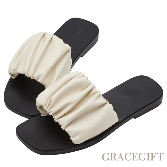 【Grace Gift】HEALER聯名-寬版雲朵抓皺平底休閒拖鞋(米白)