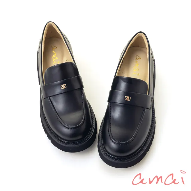 【amai】簡約氣質小金釦輕量厚底樂福鞋 懶人鞋 休閒鞋 粗跟 厚底 時尚 百搭 大尺碼 LF24-64BK(黑色)