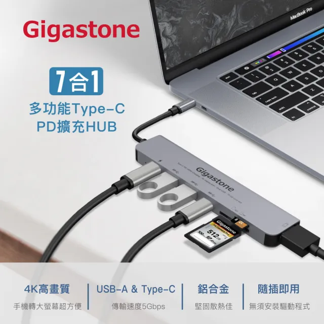 【GIGASTONE 立達】(快充/傳輸組)7合1多功能 100W PD充電 Type-C HUB集線器(送GaN 65W氮化鎵充電器)