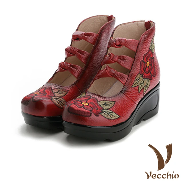 Vecchio 真皮手工花朵刺繡復古單結坡跟厚底鞋(紅)