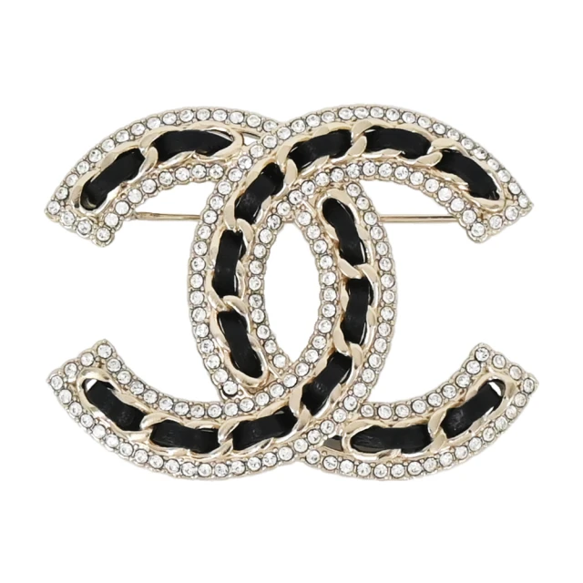 CHANEL 香奈兒 經典雙C LOGO皮革穿鍊水鑽造型胸針(淡金)