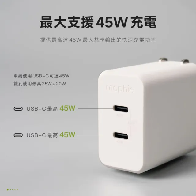 【mophie】speedport 45W USB-C雙孔2C氮化鎵充電器(雙孔2C氮化鎵GaN快充器/Apple官方唯一推薦合作品牌)