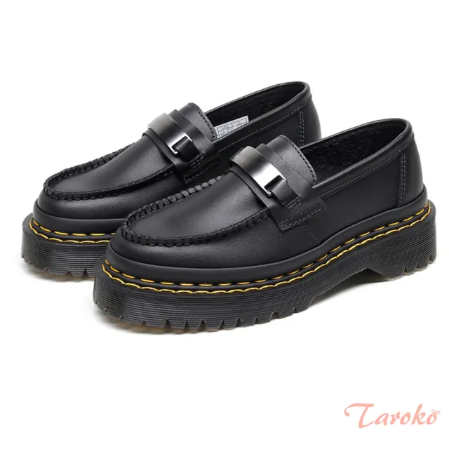 【Taroko】鐵牌一字真牛皮男女大尺碼雙線馬丁鞋(黑色)
