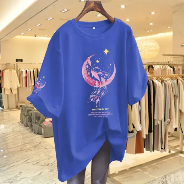 【ASister 小姊姊】現貨在庫★純棉上衣*海豚月牙*中大尺碼寬鬆棉質中長版短袖T恤(6色 S-3XL #AS0162)