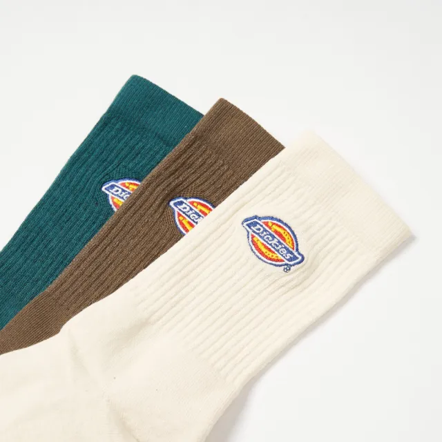【Dickies】男女款綠棕白色經典三色刺繡Logo中筒襪（三雙入）｜DK012354MR1