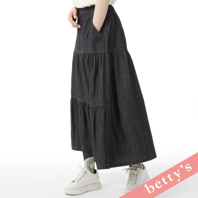 【betty’s 貝蒂思】腰鬆緊蛋糕牛仔長裙(牛仔黑)