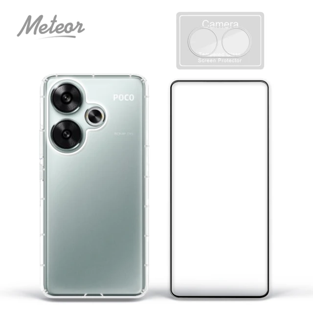 Meteor POCO F6 手機保護超值3件組(透明空壓殼+鋼化膜+鏡頭貼)