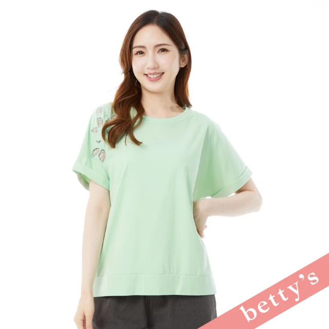 betty’s 貝蒂思 繡線玫瑰鏤空葉子落肩T-shirt(淺綠)