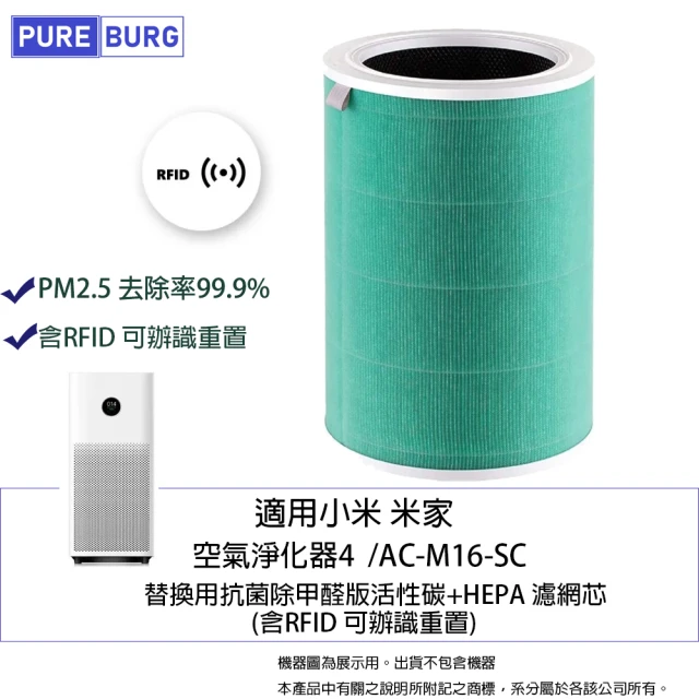 PUREBURG 適用 小米4第四代4代空氣清淨機AC-M16-SC替換用抗菌版除臭除甲醛活性碳HEPA濾網