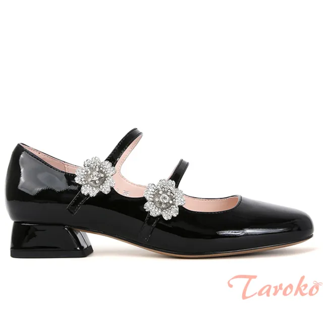 【Taroko】花漾水鑽漆皮甜美大小碼粗跟鞋(2色可選)