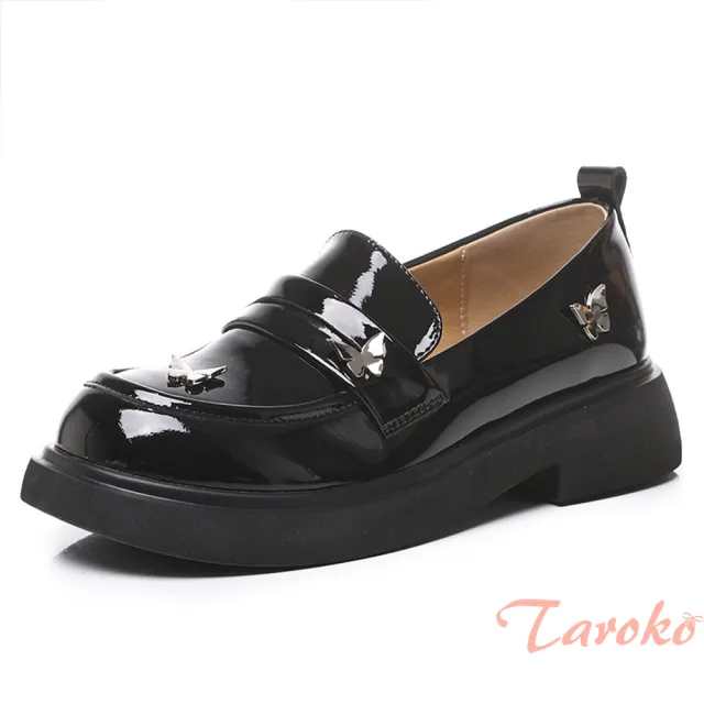 【Taroko】銀光蝴蝶夢幻雙層牛皮厚底樂福鞋(2色可選)