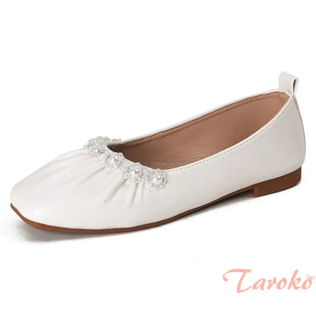 【Taroko】溫柔方頭珍珠花朵大小碼娃娃鞋(3色可選)