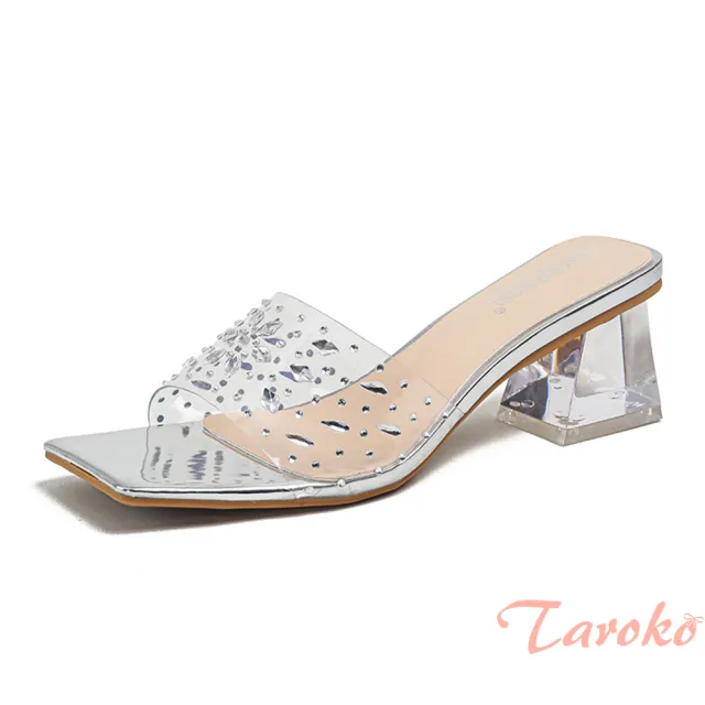 【Taroko】氣質透明水晶方頭粗跟大碼夏日拖鞋(3色可選)