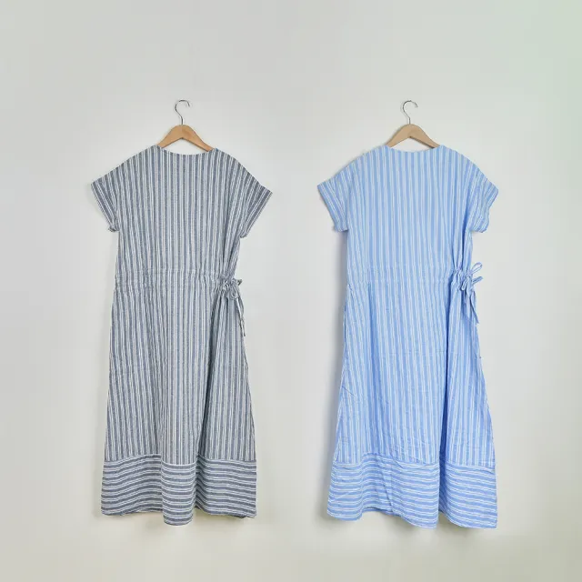 【CUMAR】條紋拼接雙抽繩設計連袖短袖長洋裝(淺藍 深藍/魅力商品)