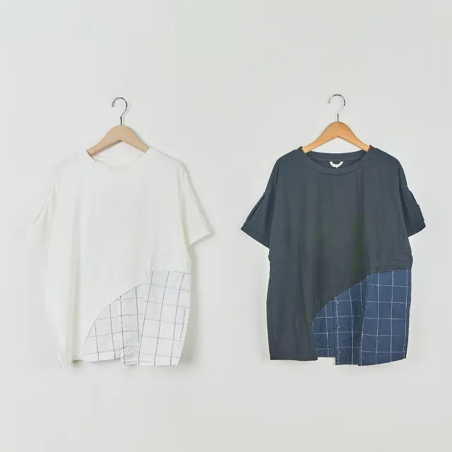 【MOSS CLUB】防汙棉材質配布格子短袖棉T(黑 白)