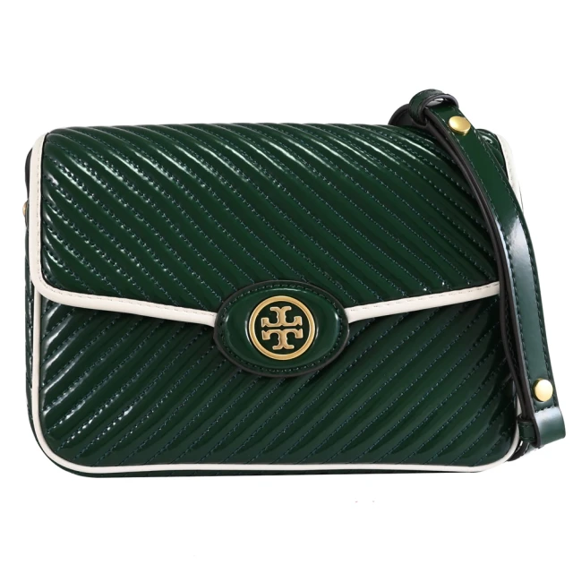 TORY BURCH 經典雙T LOGO漆皮斜紋翻蓋肩斜學院包淑水包(松綠色)