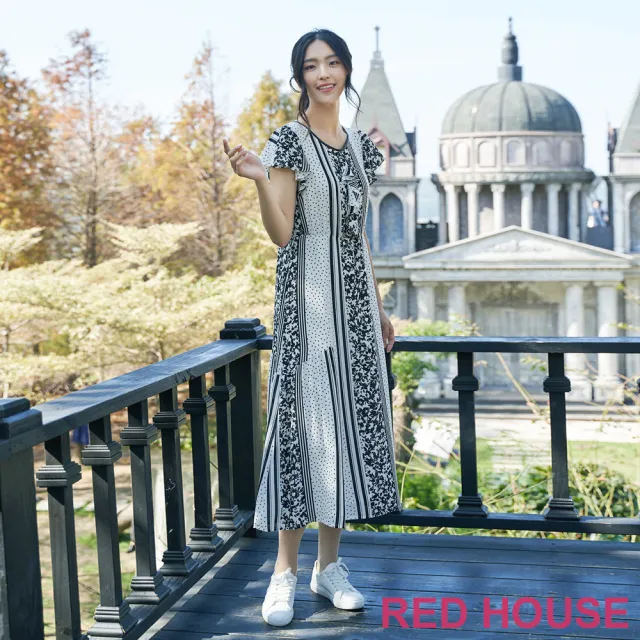 【RED HOUSE 蕾赫斯】點點荷葉邊印花長洋裝(白色)