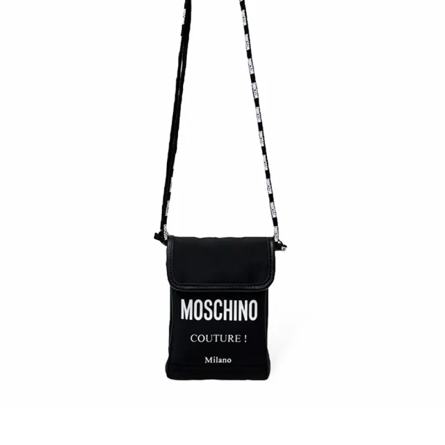 【MOSCHINO】LOGO 尼龍帆布手機側背包 黑色(1A8113-8201-2555)