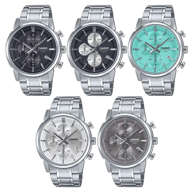 【CASIO 卡西歐】MTP-E510D 熊貓 宇宙計型 三眼 個性金屬 日系歐風 無字錶盤 計時碼錶 日期 不鏽鋼 手錶