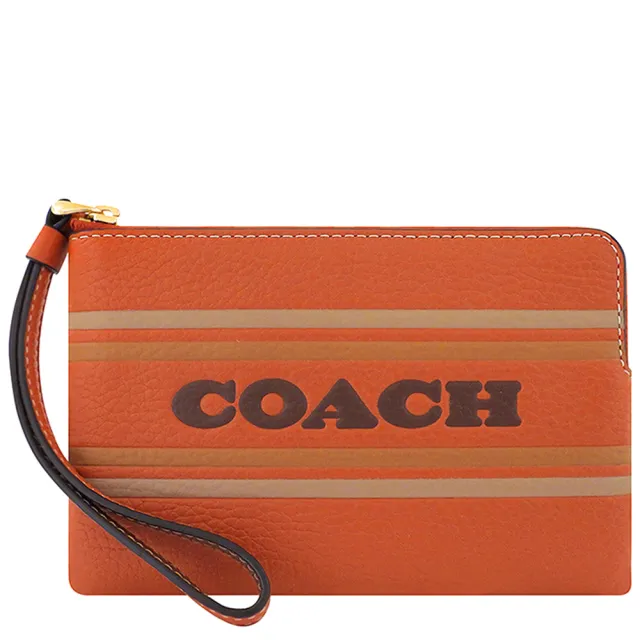 【COACH】荔枝紋皮革LOGO條紋手拿包(橘色)