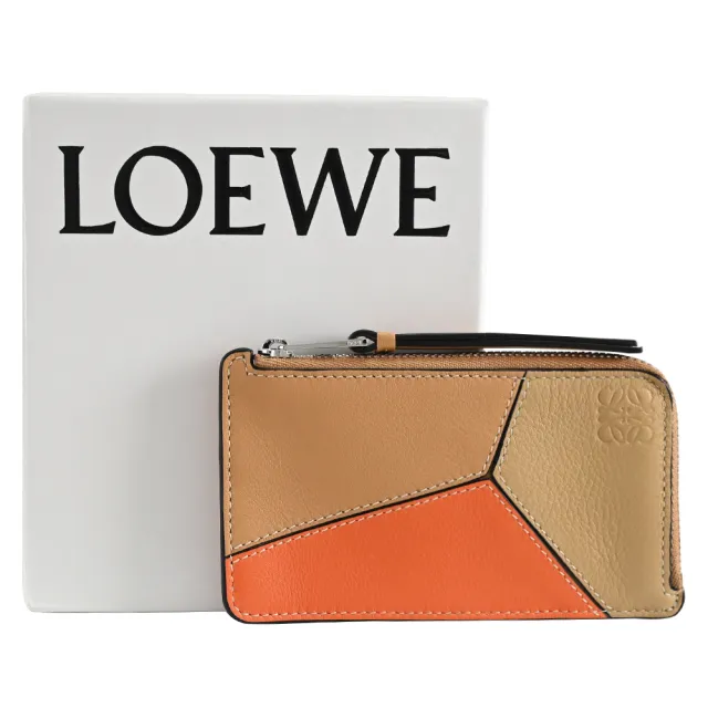 【LOEWE 羅威】PUZZLE 經典拼接小牛皮信用卡名片鑰匙圈零錢包(橘棕)
