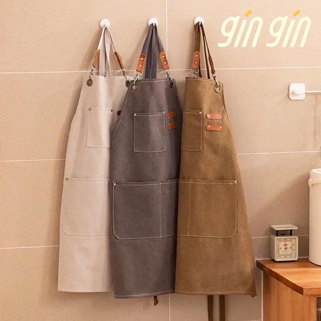 【gin gin】防水帆布 工作圍裙(工作室圍裙 廚房圍裙 美髮圍裙 韓版圍裙 圍裙 設計師圍裙)
