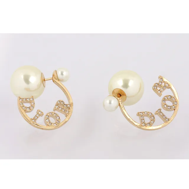 【Dior 迪奧】Tribales 水鑽環狀標誌及珍珠耳環(金色)