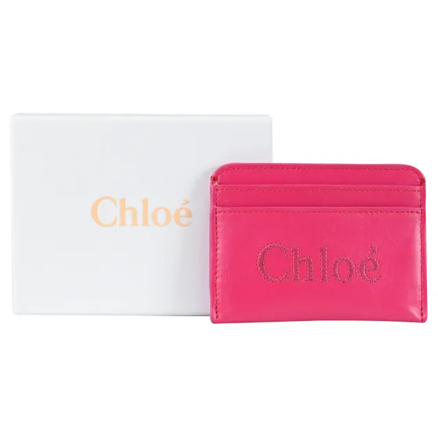 【Chloe’ 蔻依】SENSE 經典電繡LOGO小牛皮4卡信用卡名片隨身卡(桃紅)