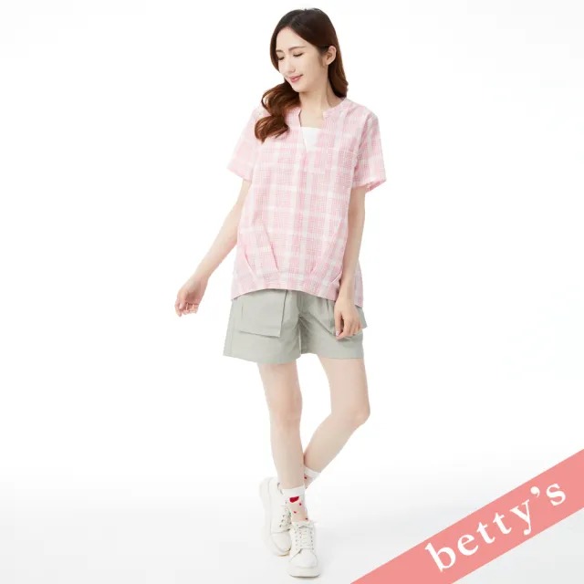 【betty’s 貝蒂思】假兩件格紋V領壓摺上衣(粉色)