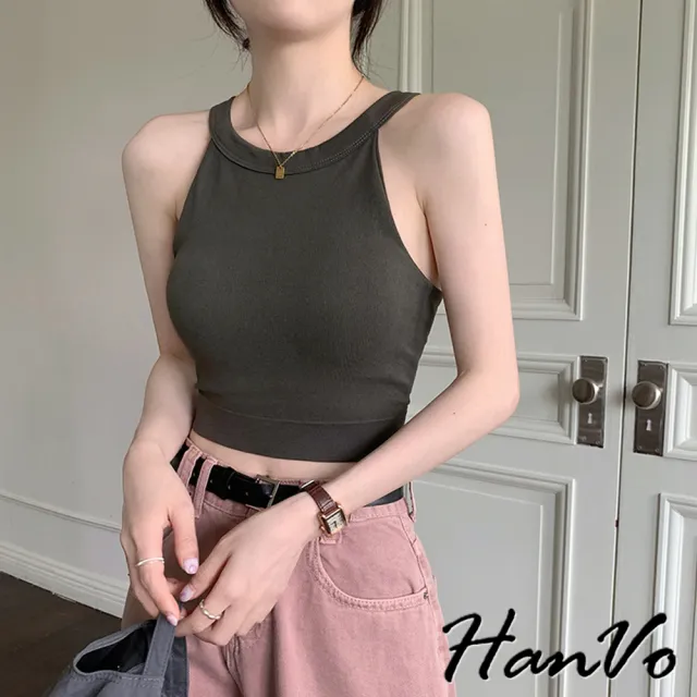 【HanVo】現貨 歐美風掛脖吊帶背心(附胸墊不可拆 美背純色舒適彈性 韓系女裝 女生衣著 5074)