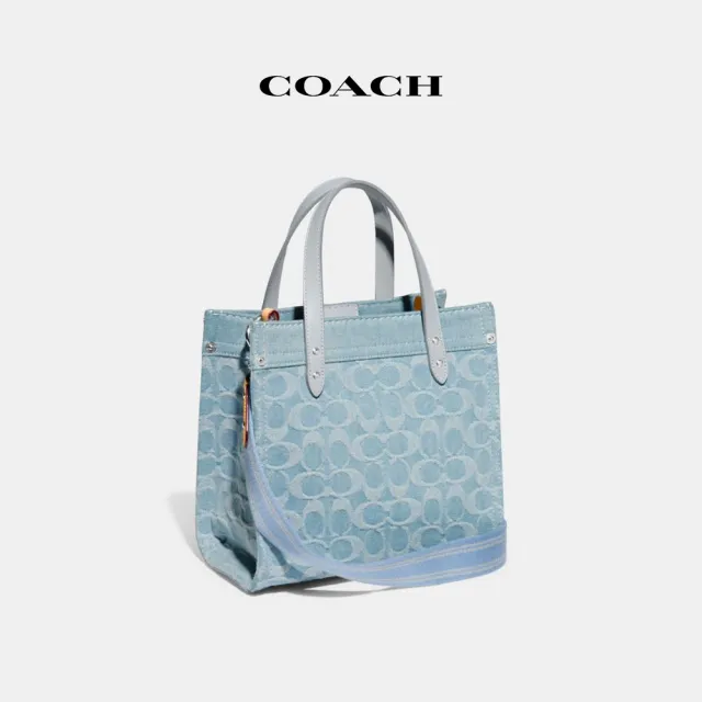 【COACH蔻馳官方直營】FIELD經典Logo丹寧布22托特手袋-LH/淺藍色(CJ853)