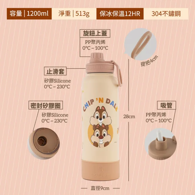 【HOUSUXI 舒希】迪士尼奇奇蒂蒂系列-大容量保冷保溫瓶-附吸管-1200ml-A2