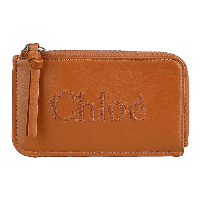 Chloe’ 蔻依 Chloe’ Sense刺繡LOGO小牛皮拼小羊皮4卡拉鍊卡夾零錢包(焦糖棕)