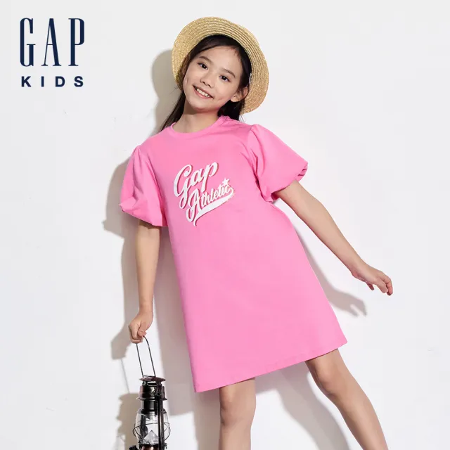 【GAP】女童裝 Logo純棉印花圓領短袖洋裝-粉紅色(466624)