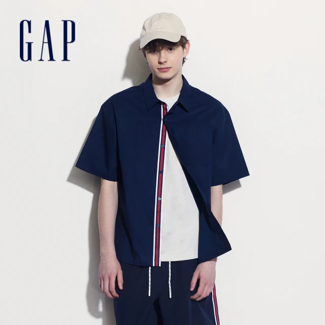 【GAP】男裝 純棉翻領短袖襯衫-海軍藍(461238)