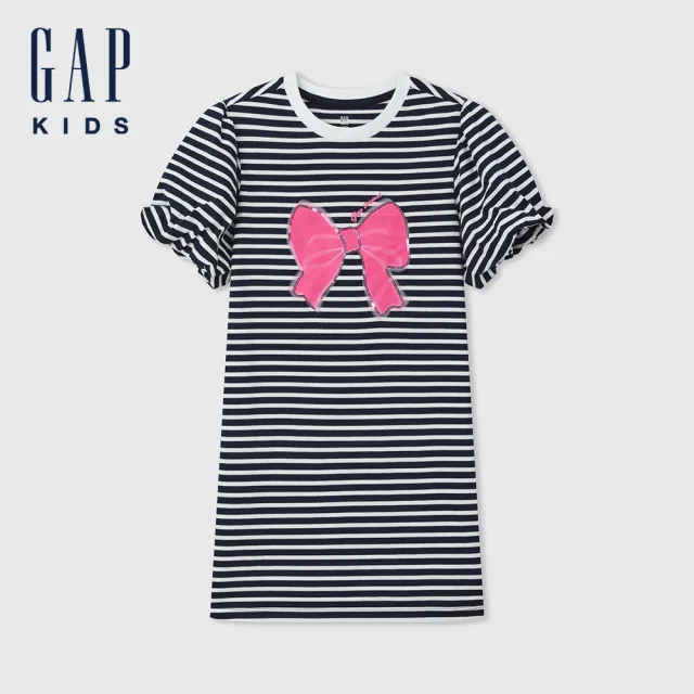 【GAP】女童裝 Logo純棉印花圓領短袖洋裝-黑白條紋(466624)