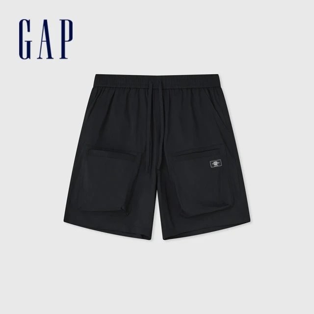 【GAP】男裝 抽繩鬆緊工裝短褲-黑色(464972)