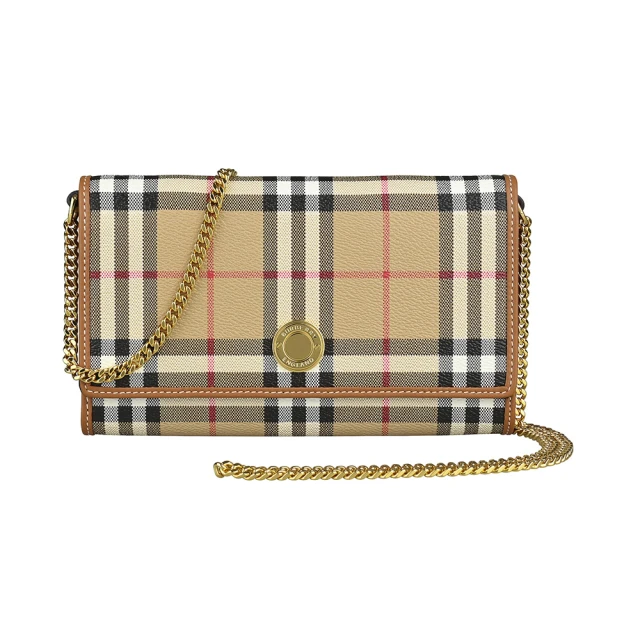 BURBERRY 巴寶莉 BURBERRY Hannah壓印金色LOGO設計黑白紅格紋PVC 12卡鏈袋釦式斜背長夾包(米格紋x褐)