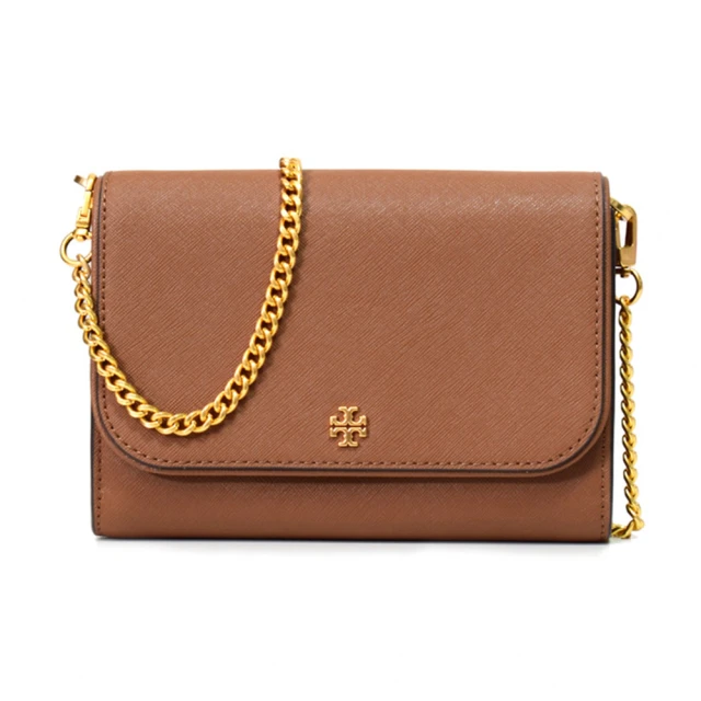 TORY BURCH Emerson系列焦糖奶茶TB logo防刮牛皮斜背WOC包(136093-909)