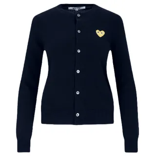 【川久保玲】經典款 女款 金色愛心臉LOGO 羊毛針織外套-深藍色(M號)