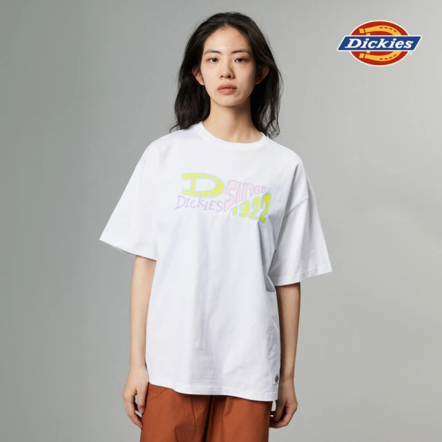 【Dickies】女款白色純棉胸前趣味文字印花圖案寬鬆短袖T恤｜DK011623C4D