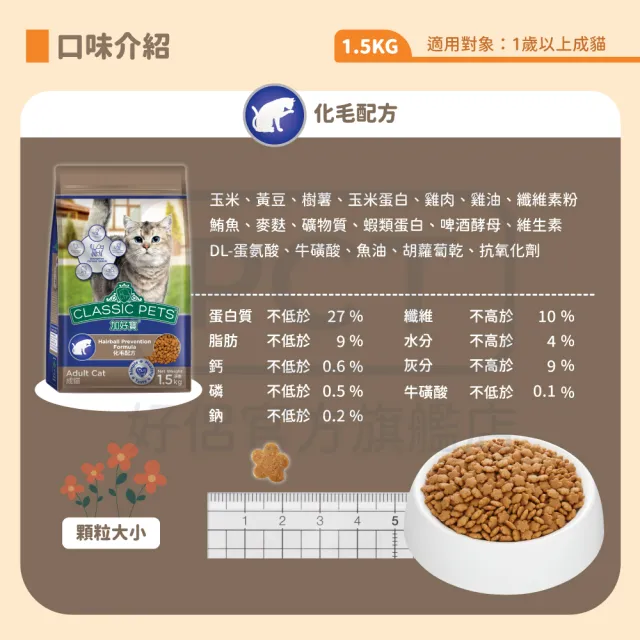 【Classic Pets 加好寶】貓乾糧-化毛配方 1.5KG(貓飼料/成貓)